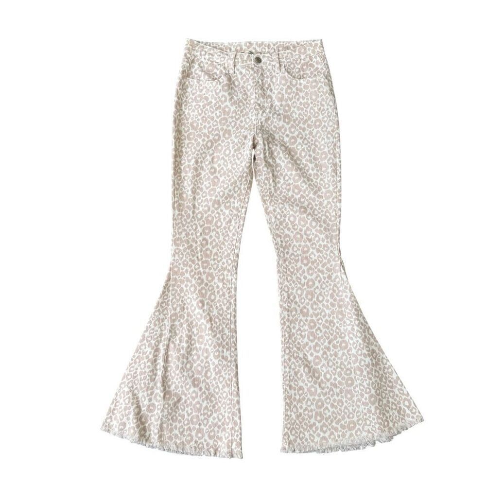 Altar'd State White/tan Animal Print Pants Jeans Flare Bell Bottoms size M